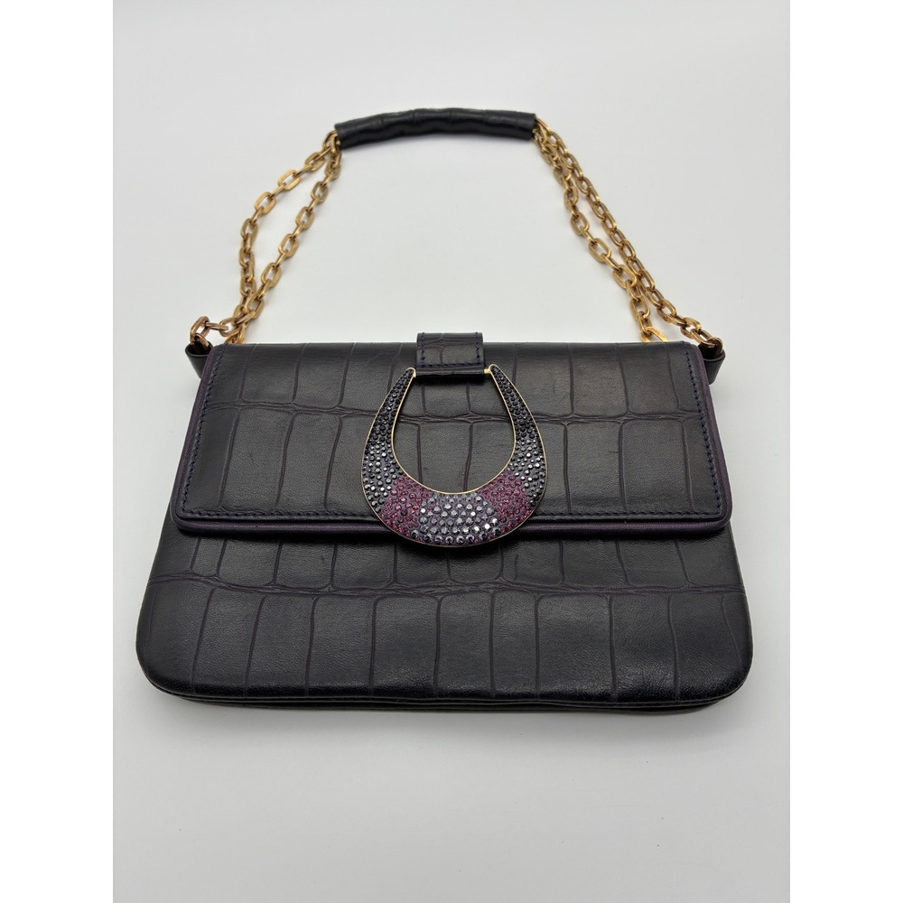 Swarovski Eggplant Purple Croc Embossed Crystal Horseshoe Buckle Handbag Bag